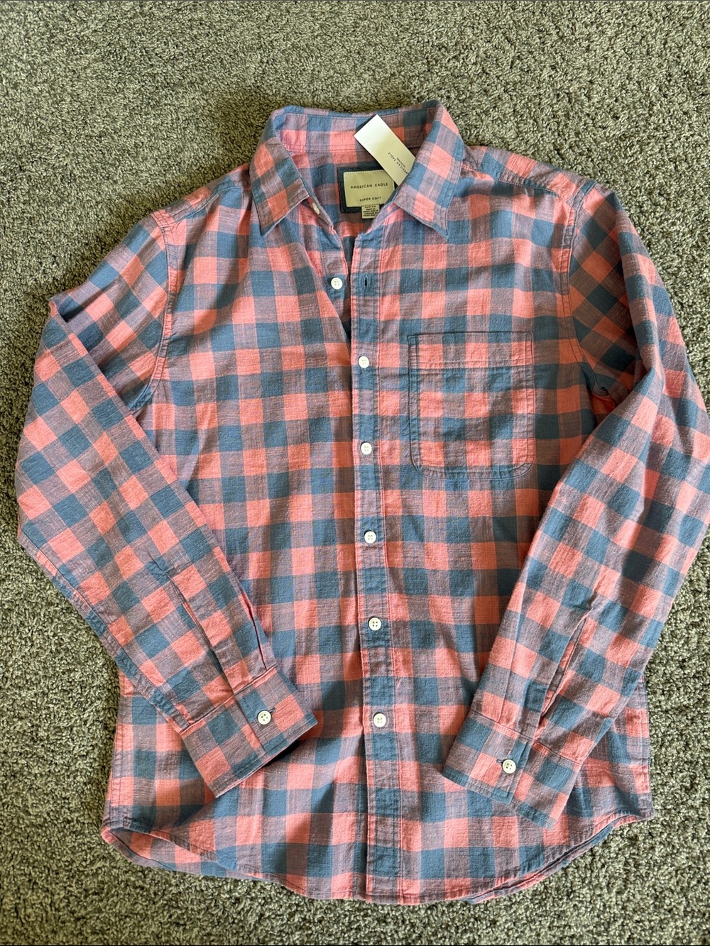 American Eagle Outfitters Coral Pink and Gray Plaid Button-Down Shirt